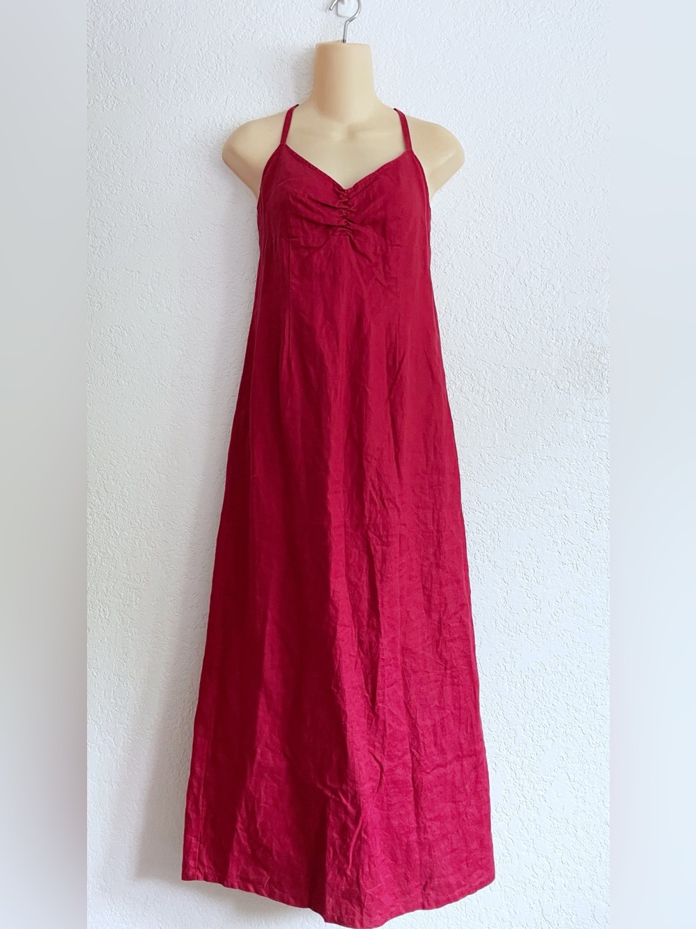 VTG Old Navy Red Linen Long Slip Dress V-Neck Front Slit Size 2 Minimalist Y2K